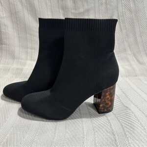 MIA Tarrin black fabric bootie with tortoiseshell block heel, size 9